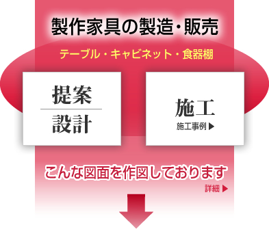 製作家具の製造・販売　テーブル・キャビネット・食器棚　提案　設計　施工　こんな図面を作図しております